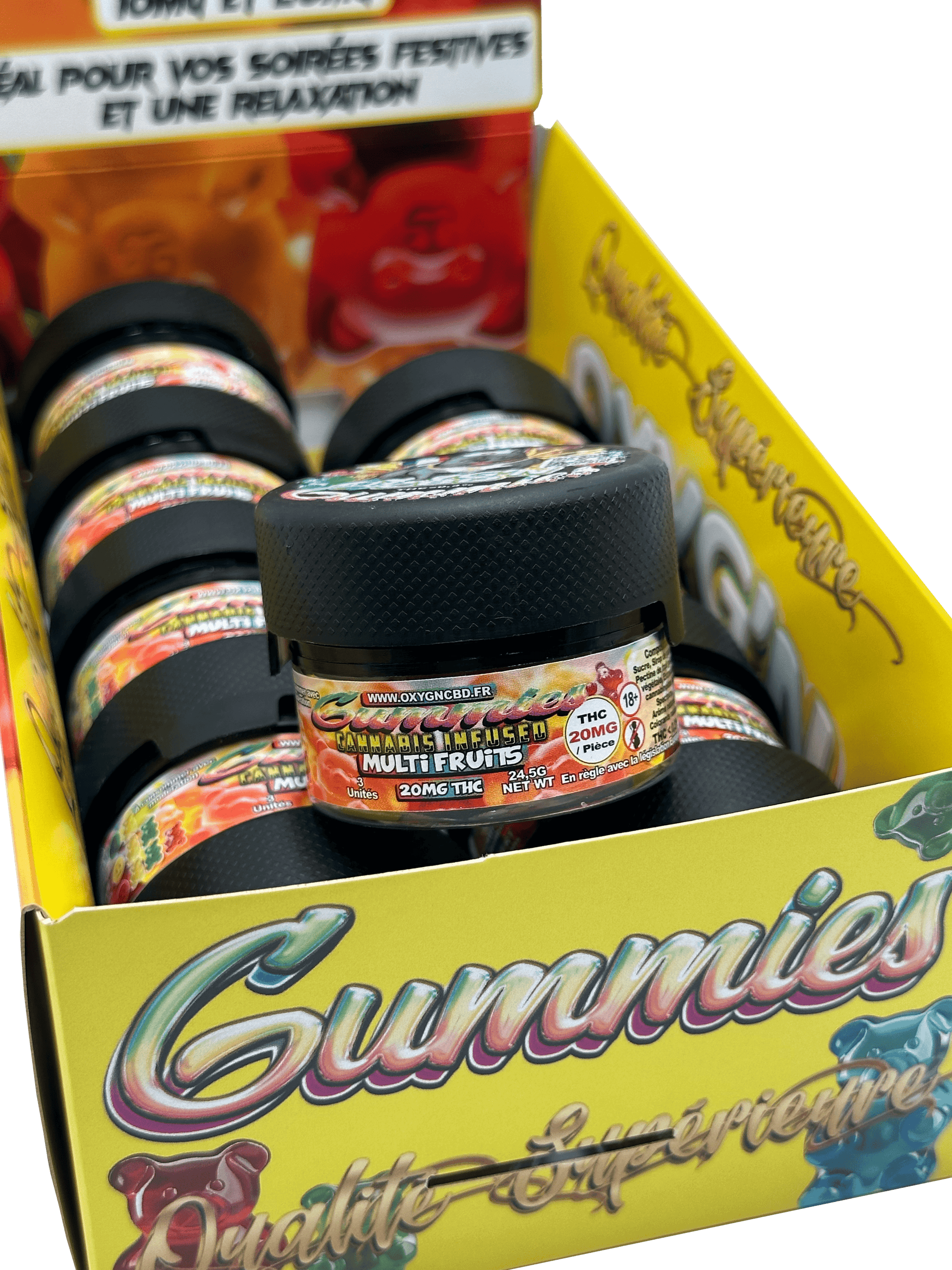 boite de 3 gummies 20mg de thc total 60mg de thc par pot OXYG'N CBD PRO