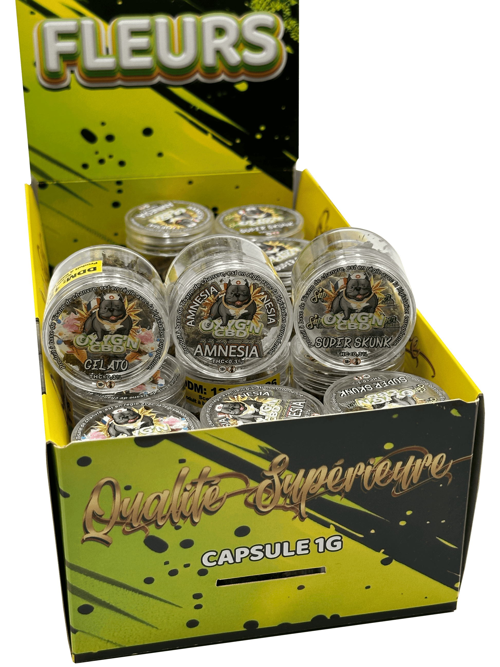 présentoir de 30 capsule 1G de fleurs OXYG'N CBD PRO amnésia gelato super skunk