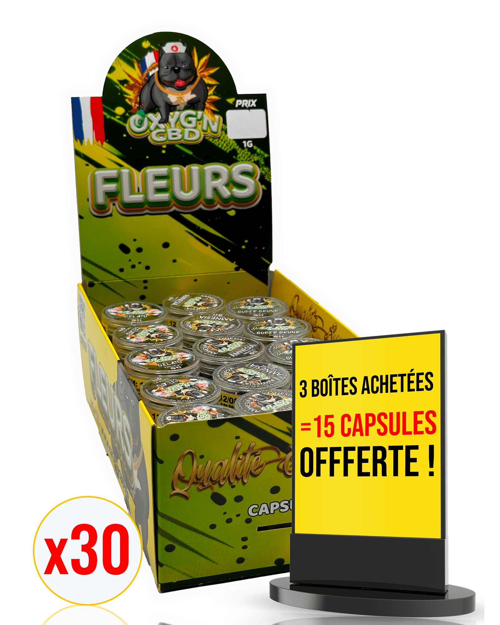 présentoir de 30 capsule 1G de fleurs OXYG'N CBD PRO