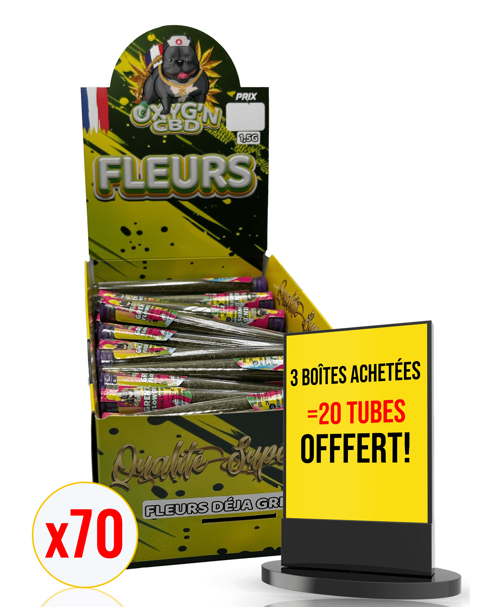 Présentoir et 70 tubes gren'd flowers fleurs de cbd déjà grindé OXYG'N CBD PRO
