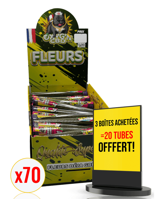 Présentoir et 70 tubes gren'd flowers fleurs de cbd déjà grindé OXYG'N CBD PRO