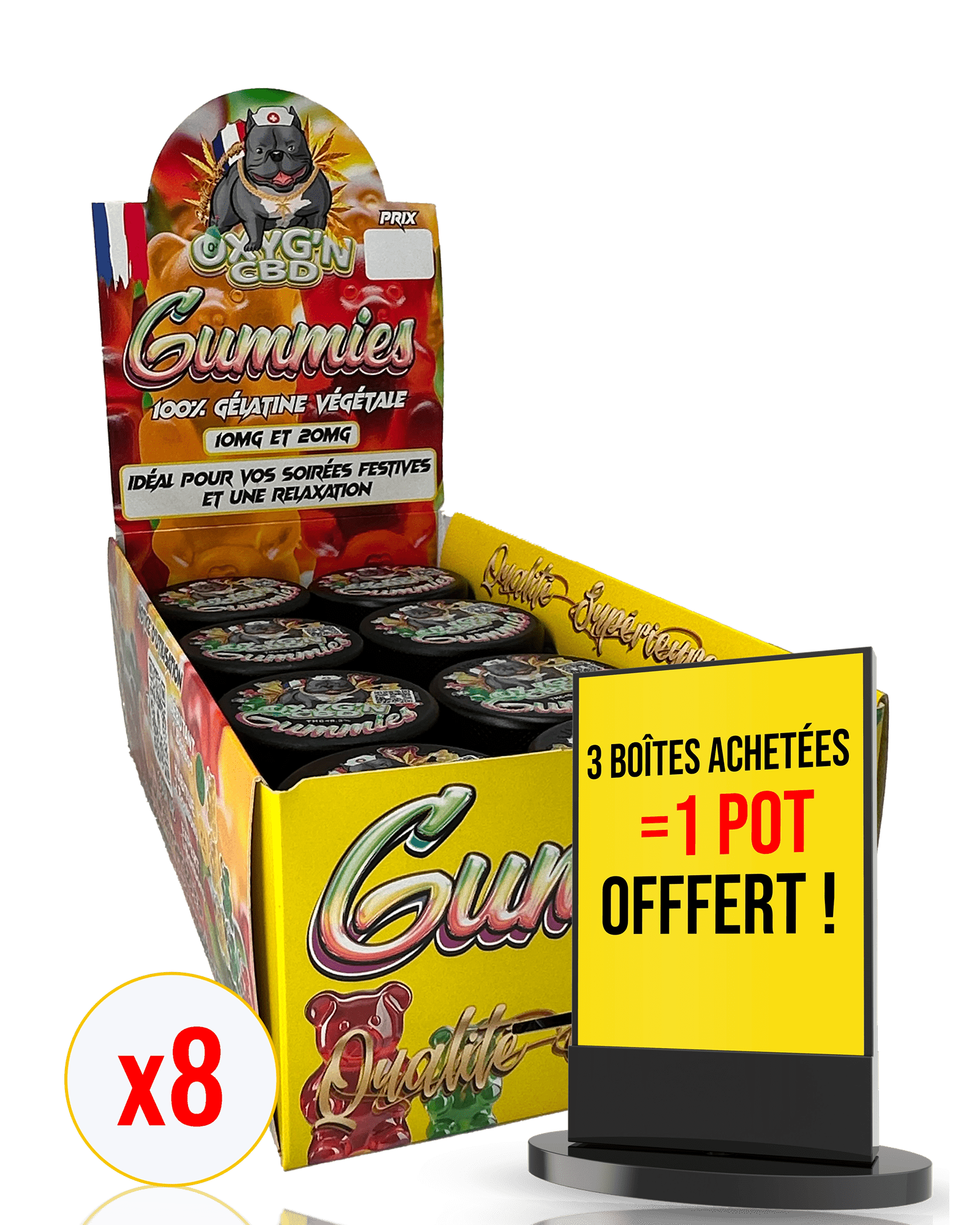 présentoir de 8 pots de 5 gummies de thc 20mg pour un total de 100mg de thc par pot OXYG'N CBD PRO