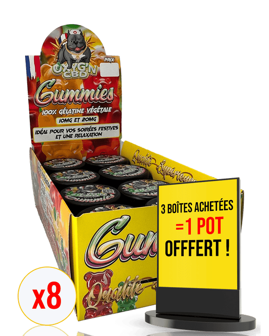 présentoir et 8 pots de 10 gummies 20mg de thc pour un total de 200mg de thc par pot OXYG'N CBD PRO
