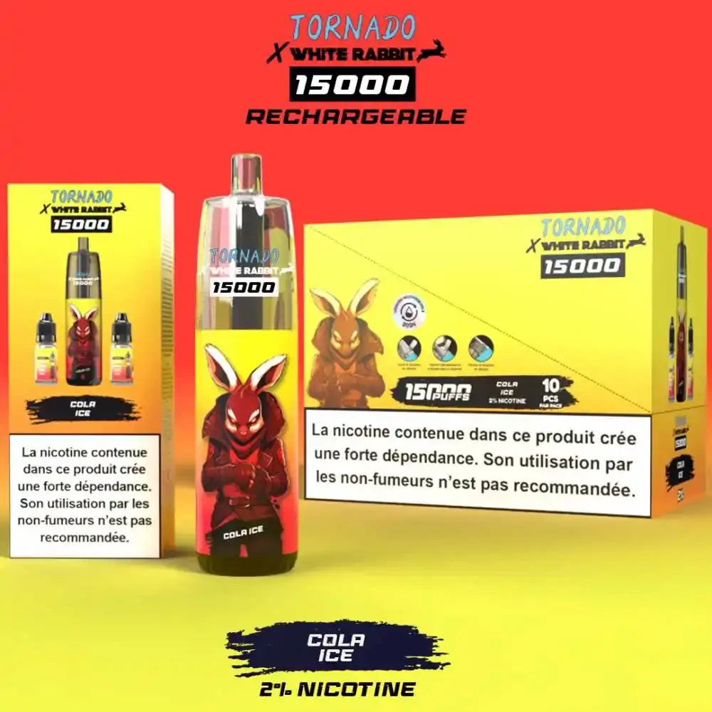 Lot de 10 Puff Tornado 15000 - Cola Ice 2% Nicotine | White Rabbit Lot de 10 Puff Tornado 15000 - Cola Ice 2% Nicotine | White Rabbit