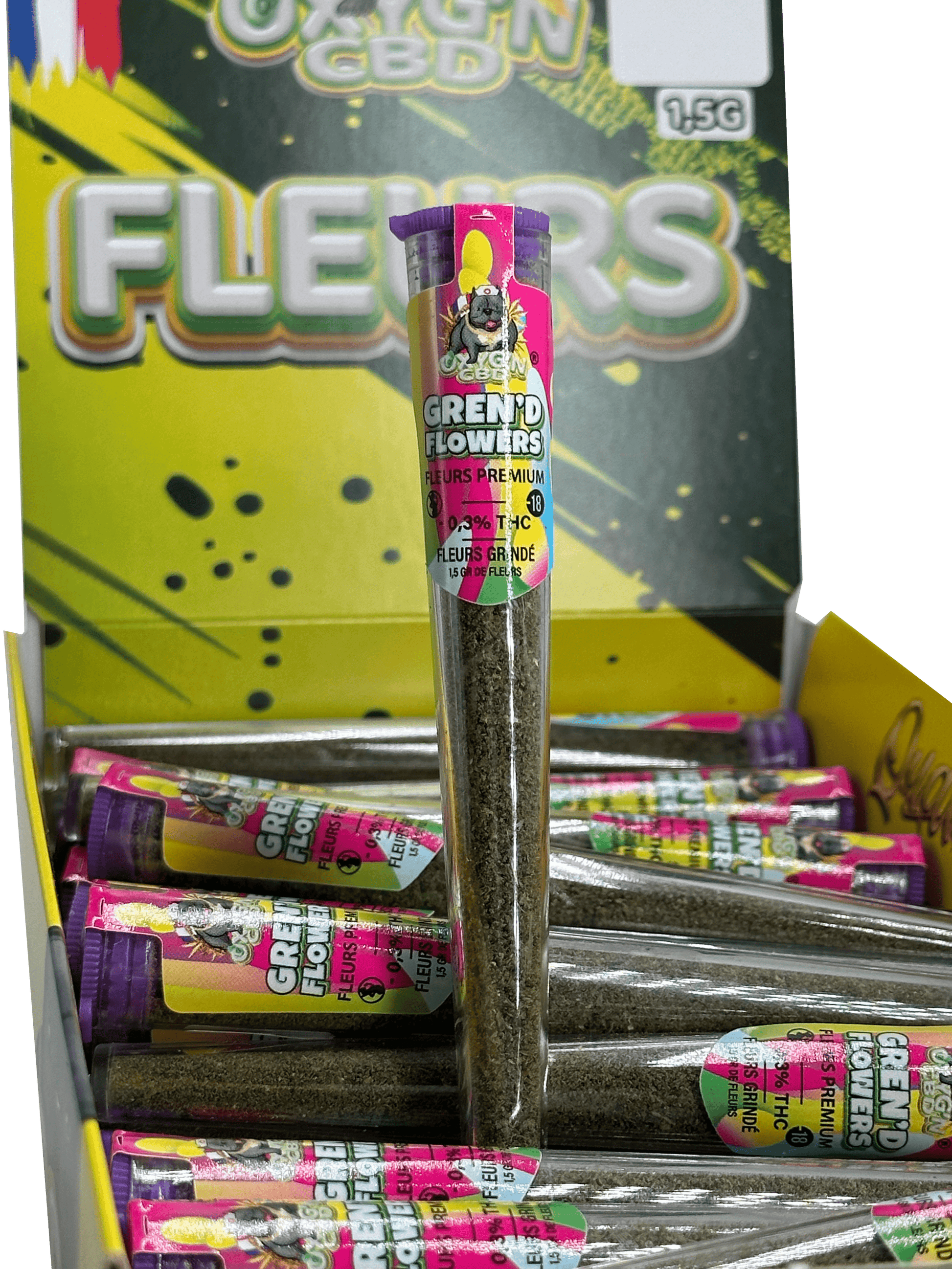 présentoir de 70 tubes gren'd flowers flerus déjà grindé OXYG'N CBD PRO