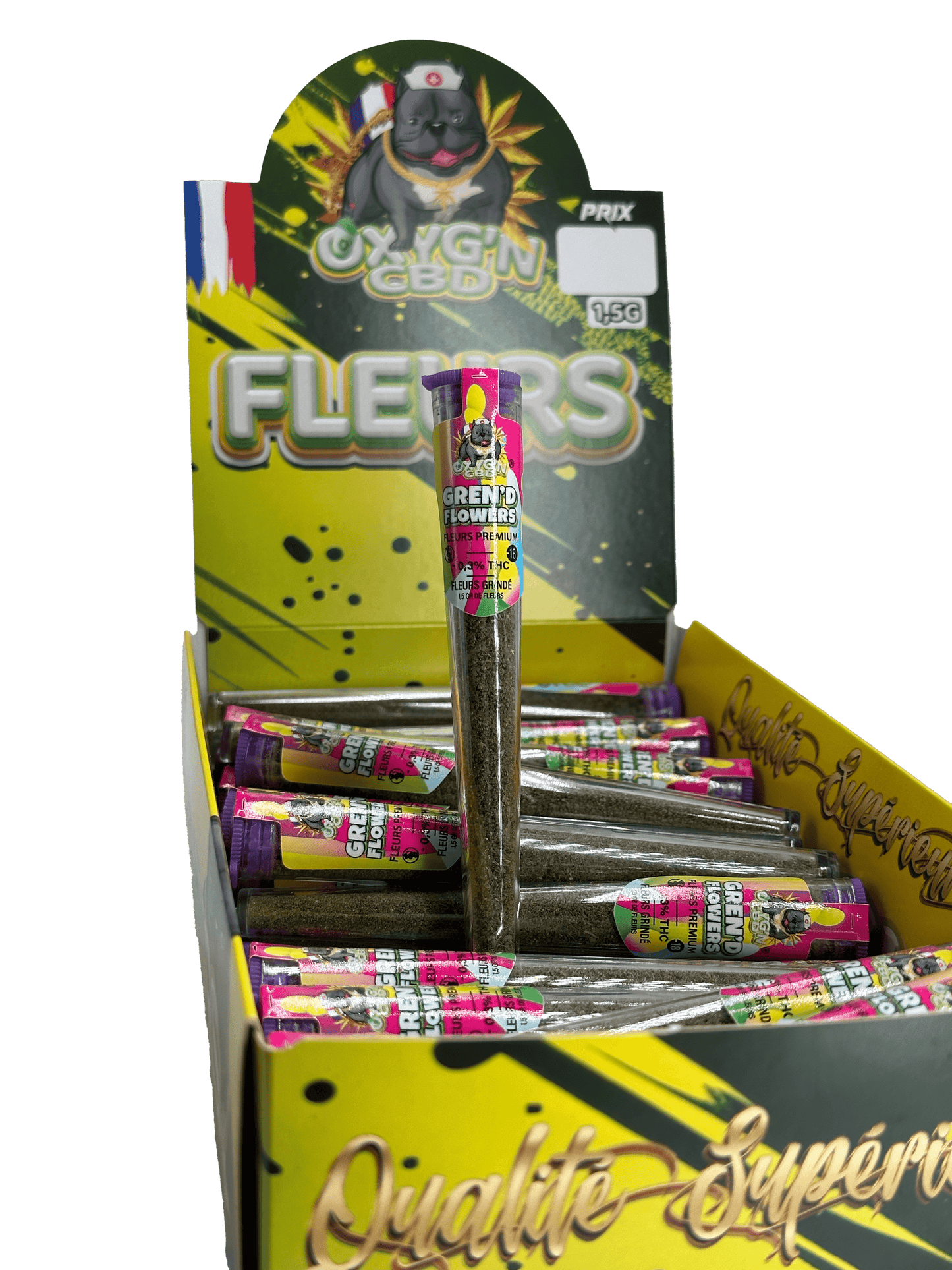 présentoir de 70 tubes gren'd flowers OXYG'N CBD fleurs de cbd