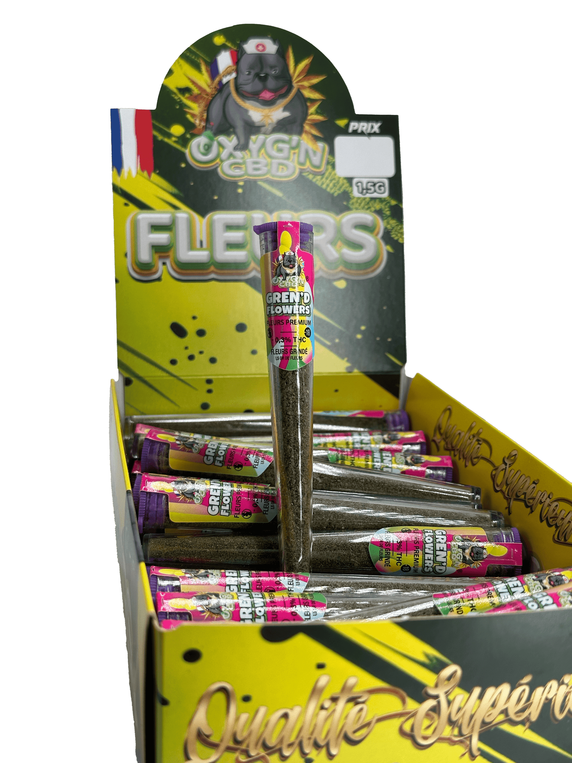 présentoir de 70 tubes gren'd flowers OXYG'N CBD fleurs de cbd
