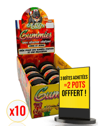 présentoir de 10 pots de 3 bonbons gummies 20mg de thc OXYG'N CBD PRO