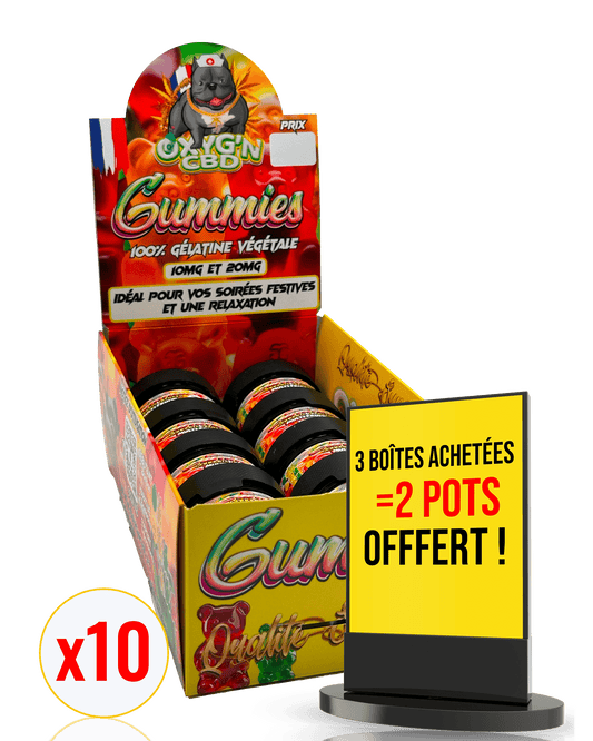 présentoir de 10 pots de 3 bonbons gummies 20mg de thc OXYG'N CBD PRO