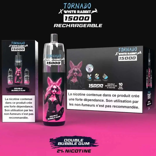 puff white rabbit x tornado 15000 double bubble gum boite de 10 oxyg'n cbd